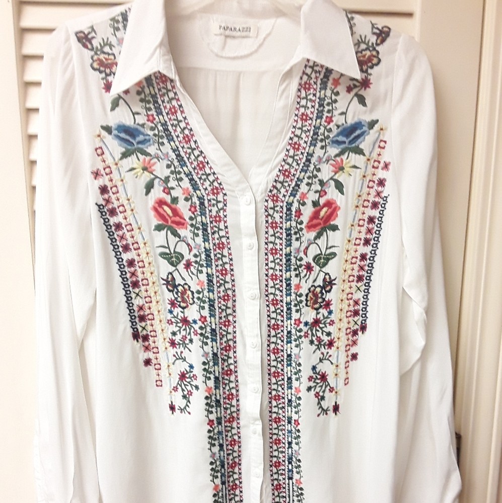 White Button Down Embroidered Boho Tunic Top
